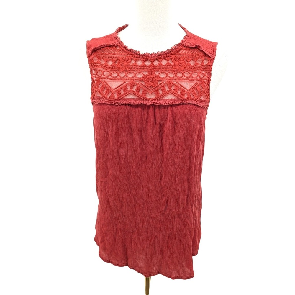 Embroidered Boho‎ Tank Rayon Sleeveless Flowy Crochet Yoke Red Size M
